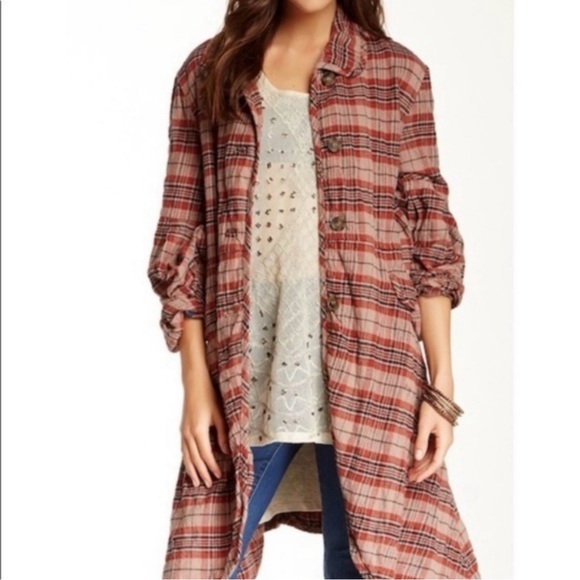 Free People Victorian Red Brown Plaid Jacket XS - Picture 2 of 9